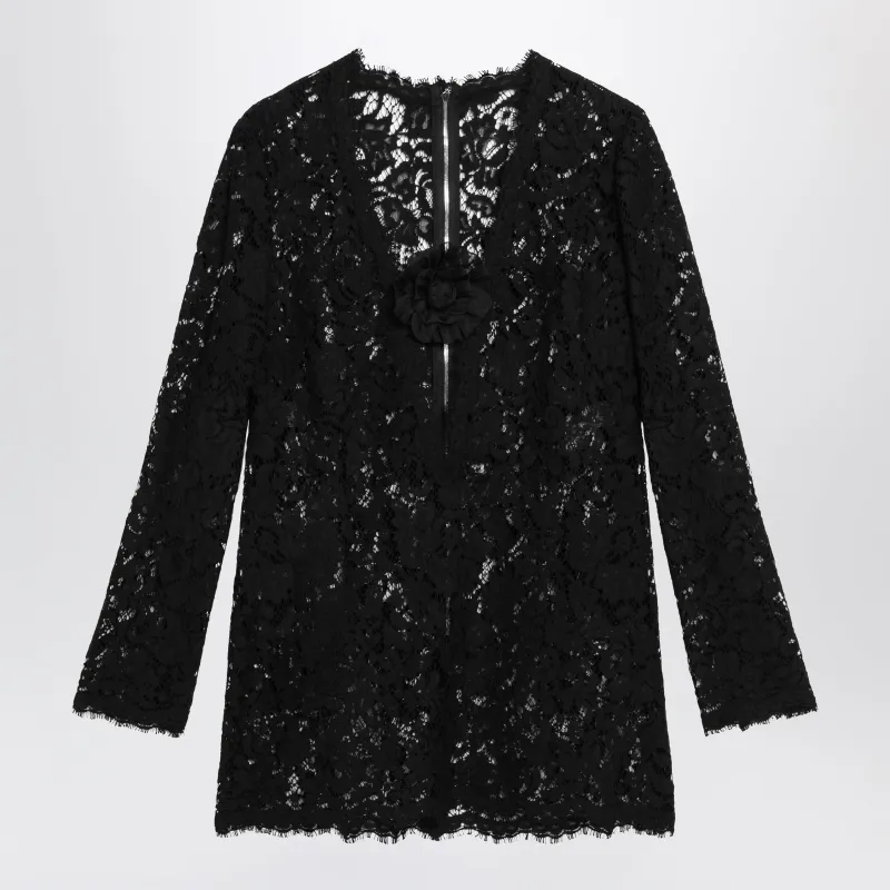 Floral V-Neck Lace Mini Dress In Black made by Dolce & Gabanna