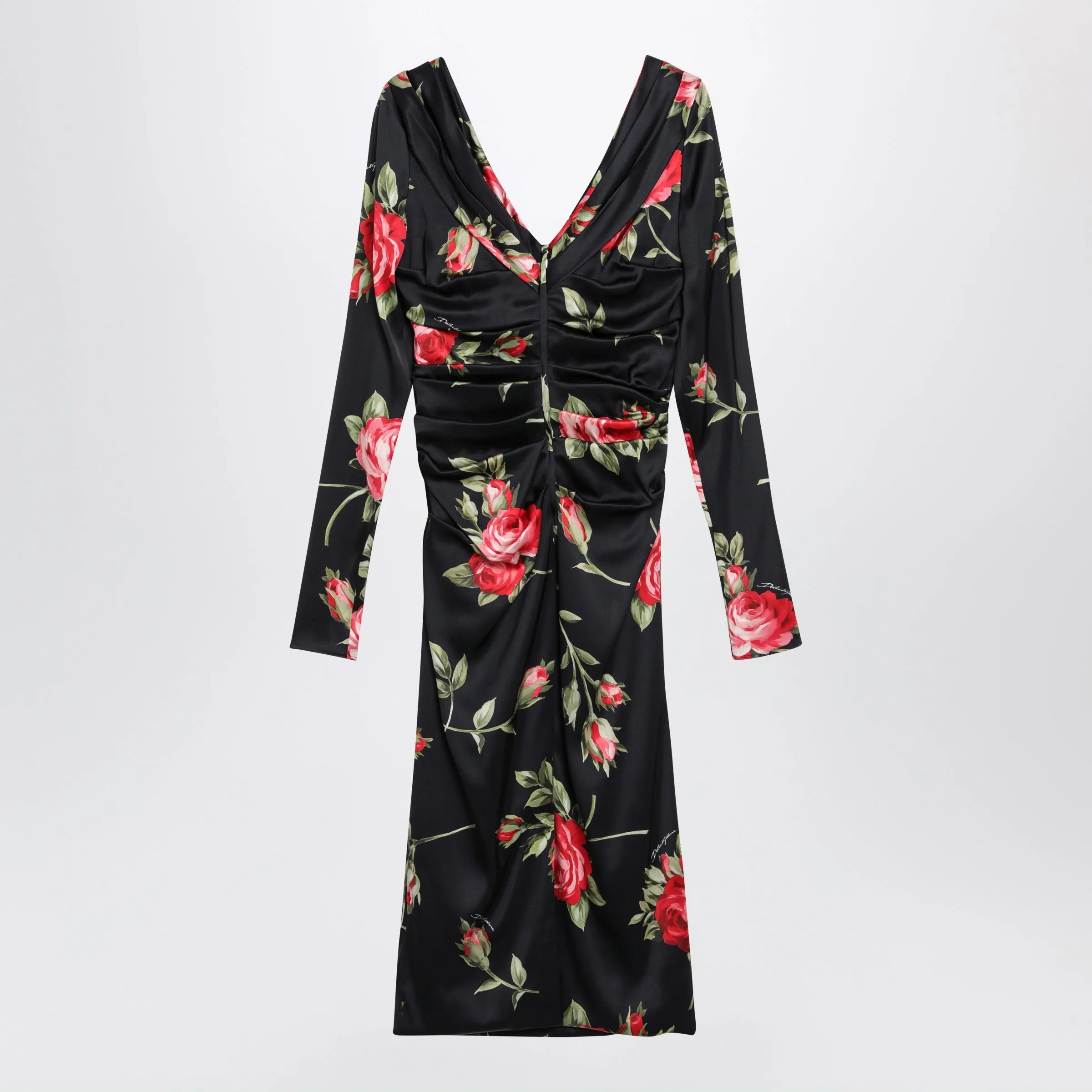 Draped Satin Dress With Bouquet Rose Print In Black sold by Wanan Luxury product image thumbnail 2