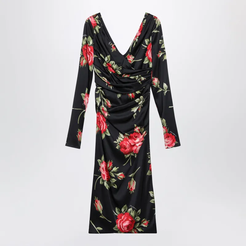 Draped Satin Dress With Bouquet Rose Print In Black made by Dolce & Gabanna