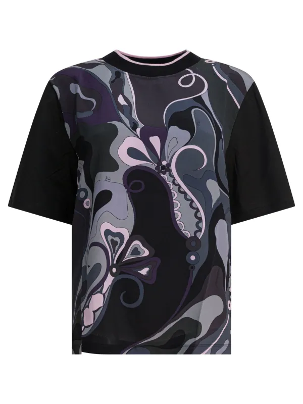 Cotton And Silk Crewneck T-Shirt With Print T-Shirts Black made by Emilio Pucci
