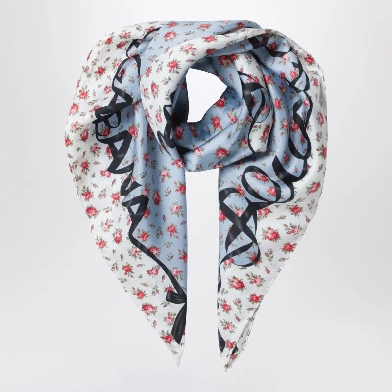 Roselline Printed Silk Twill Scarf 90x90 Cm, Light Blue made by Dolce & Gabanna