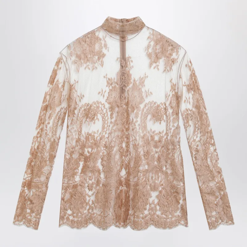 Chantilly Lace Blouse With High Neck In Dark Nude made by Dolce & Gabanna