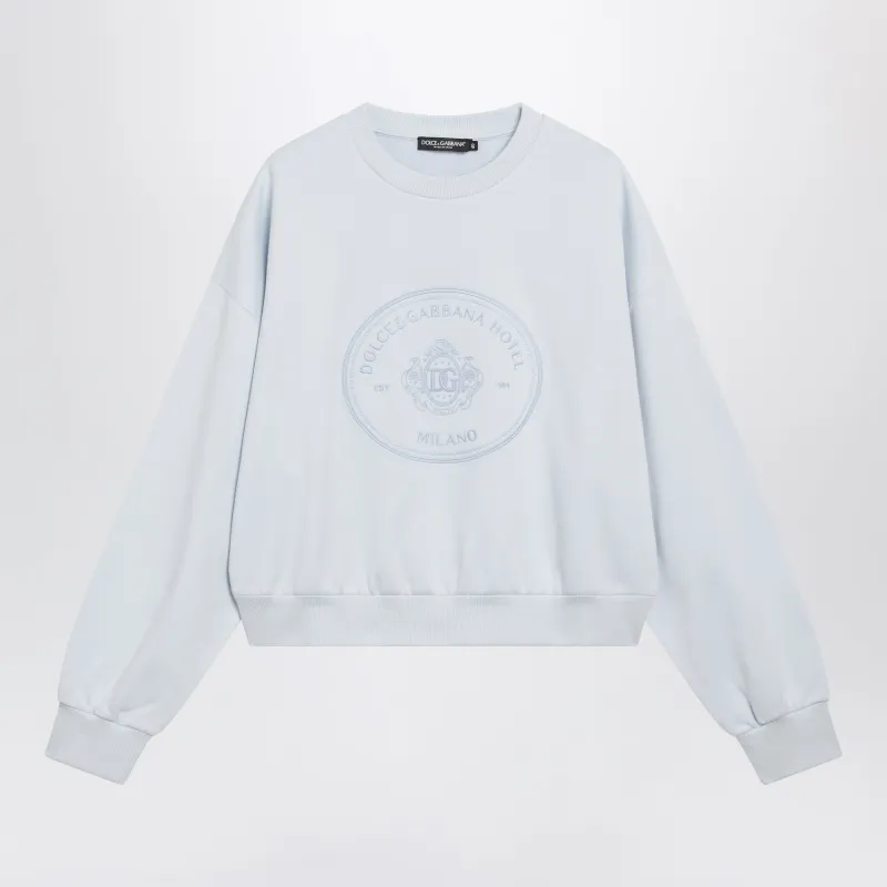 Cotton Crew-Neck Sweatshirt With Two Embroideries, Sky Blue made by Dolce & Gabanna