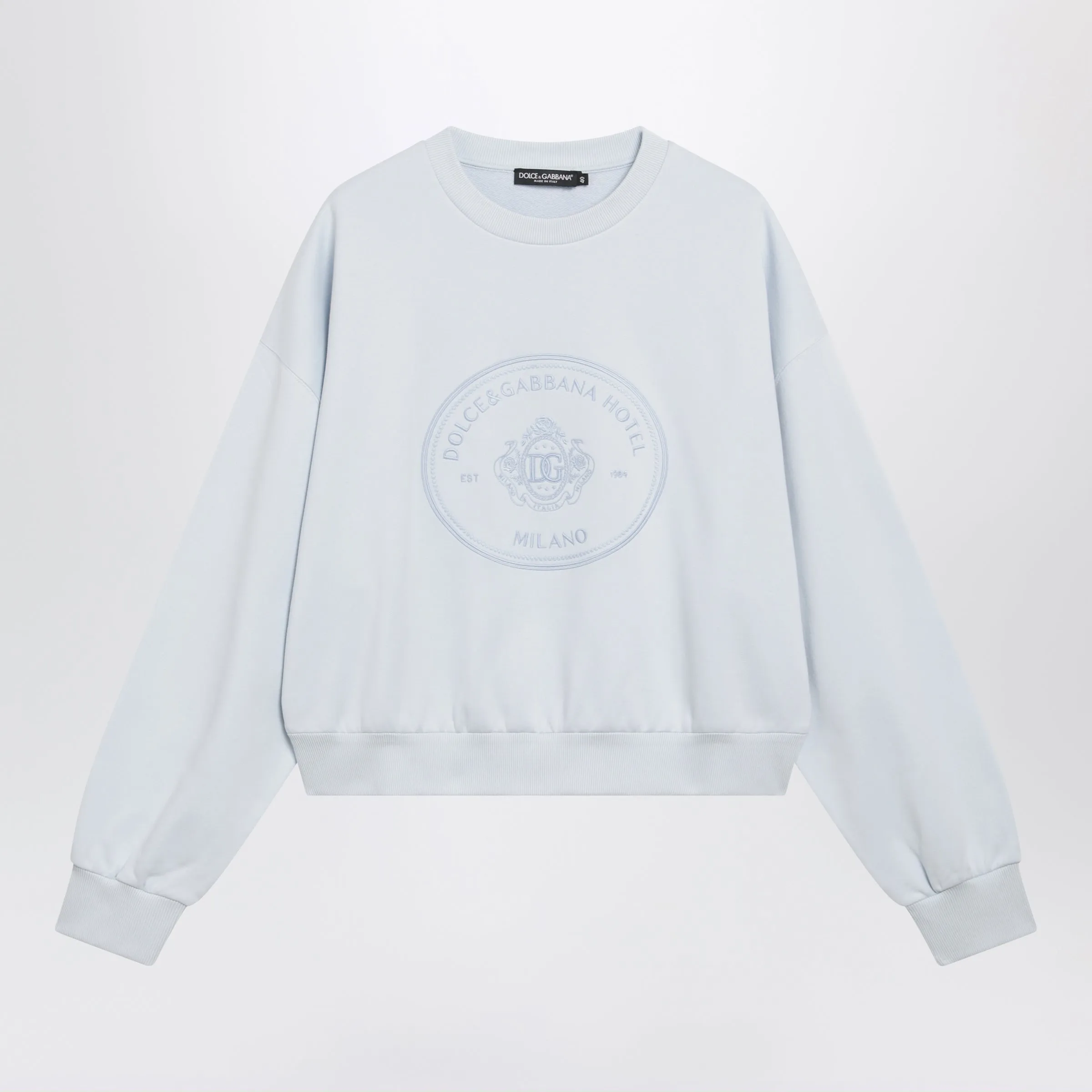 Cotton Crew-Neck Sweatshirt With Two Embroideries, Sky Blue sold by Wanan Luxury