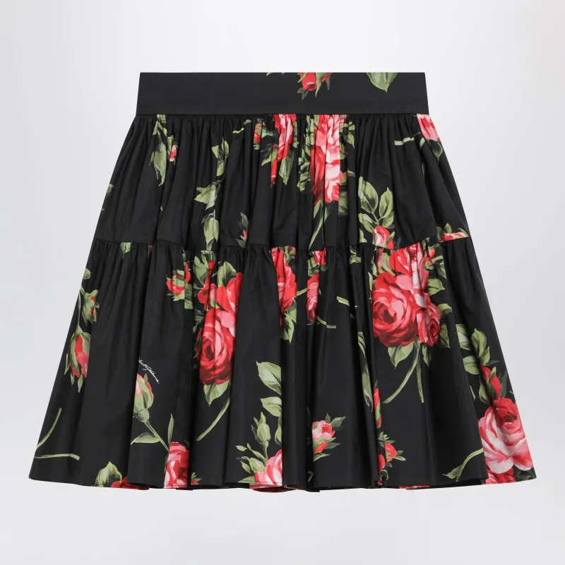 Short Cotton Skirt With Bouquet Rose Print, Black made by Dolce & Gabanna