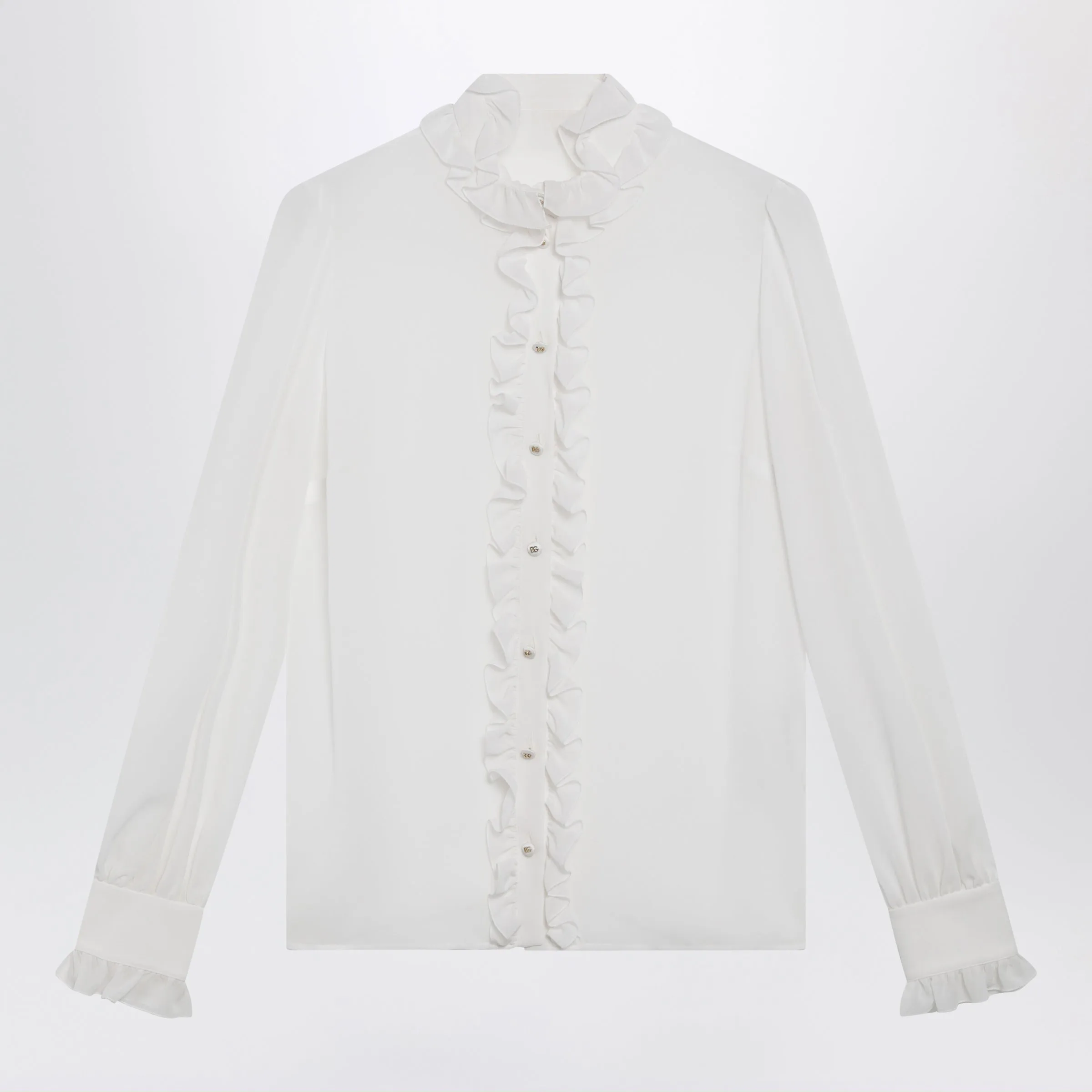 Silk Georgette Shirt With Ruffles In Optic White sold by Wanan Luxury
