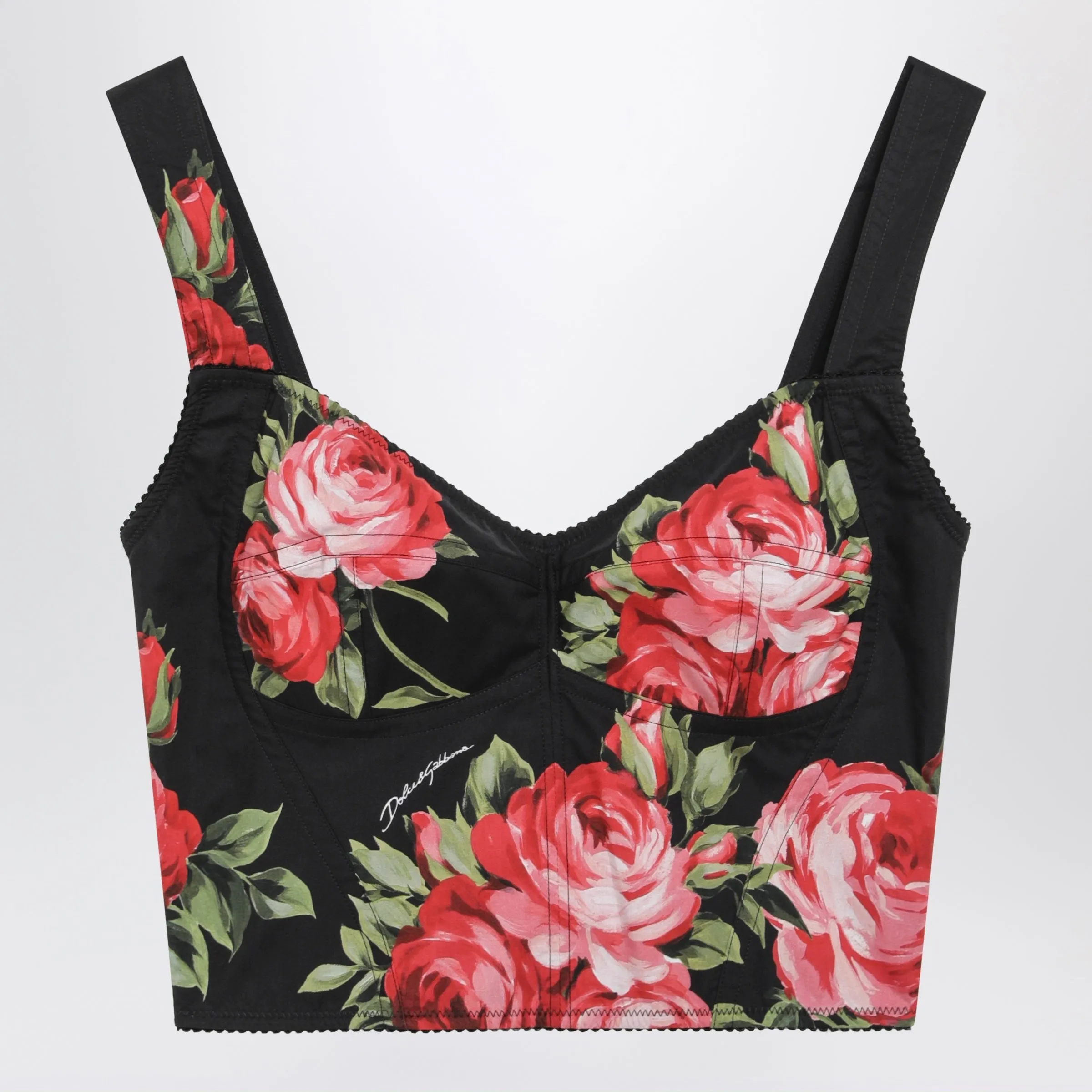 Bouquet Rose Print Cotton Bustier Top In Black sold by Wanan Luxury