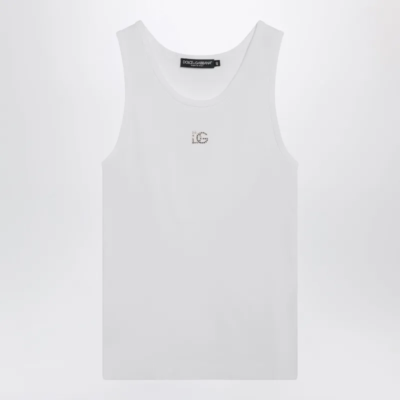 Cotton Tank Top With Dg Embroidery And Rhinestones, White made by Dolce & Gabanna