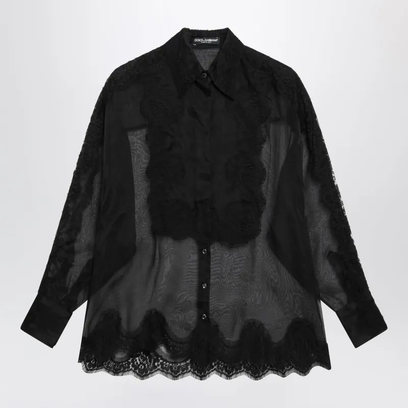 Organza Tuxedo Shirt With Lace Inserts In Black made by Dolce & Gabanna