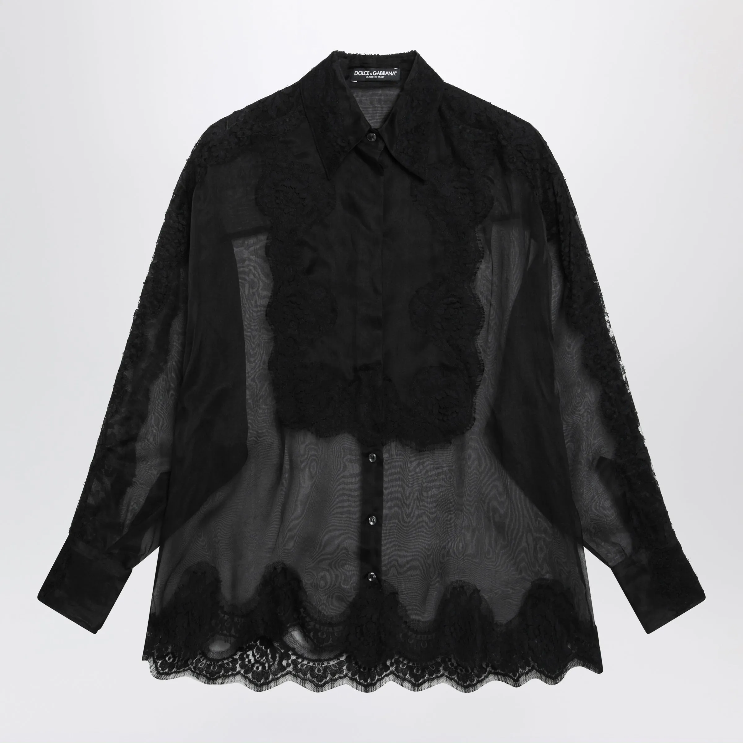 Organza Tuxedo Shirt With Lace Inserts In Black sold by Wanan Luxury