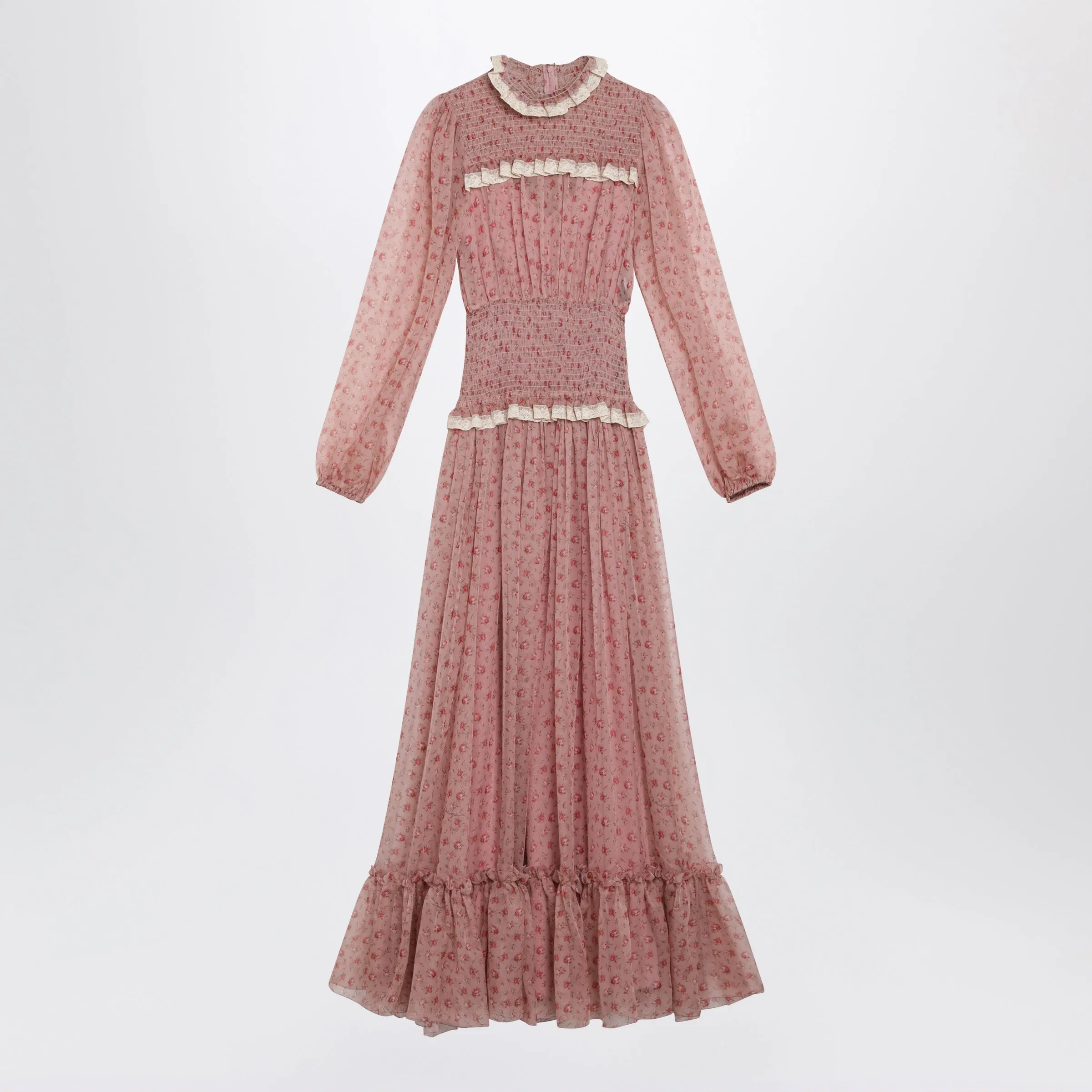 Long Roselline Silk Chiffon Dress With Rose Print, Pink sold by Wanan Luxury
