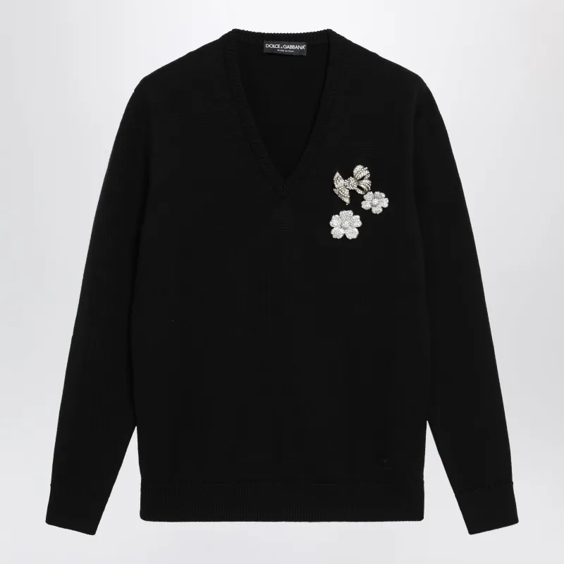 V-Neck Sweater With Embroidered Floral Details In Wool, Black made by Dolce & Gabanna