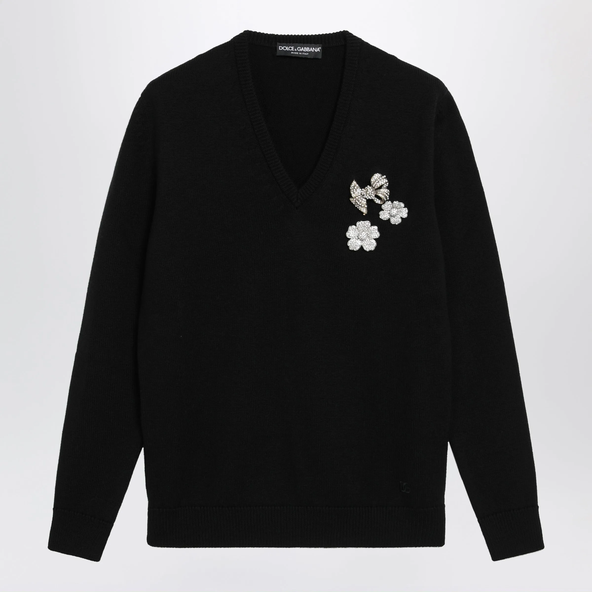 V-Neck Sweater With Embroidered Floral Details In Wool, Black sold by Wanan Luxury