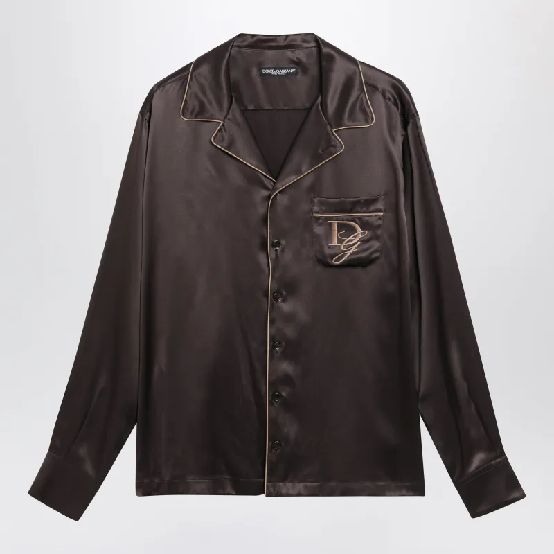 Vanity Silk Shirt With Embroidered Logo In Brown/Grey made by Dolce & Gabanna