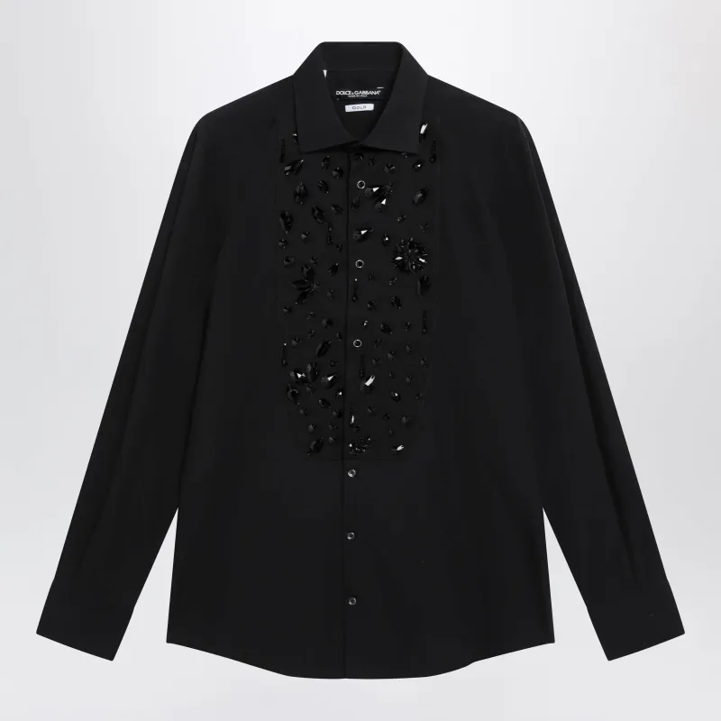 Black Cotton Shirt With Rhinestone Embellishments made by Dolce & Gabanna