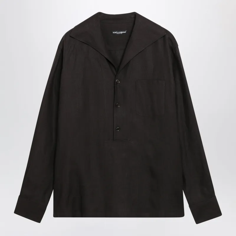 Three-Button Long-Sleeve Linen Shirt In Brown made by Dolce & Gabanna