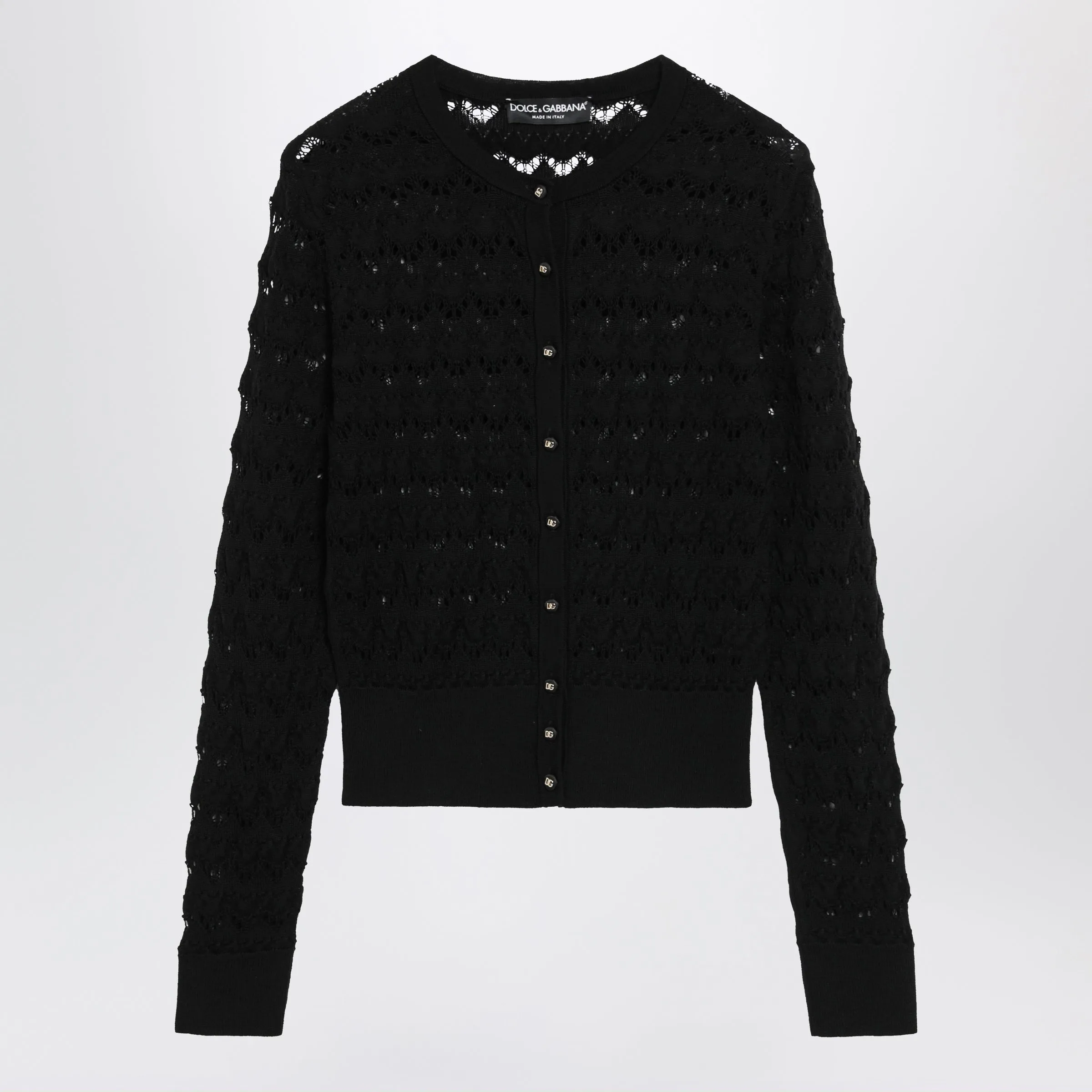 Openwork Knit Cardigan In Virgin Wool, Black sold by Wanan Luxury