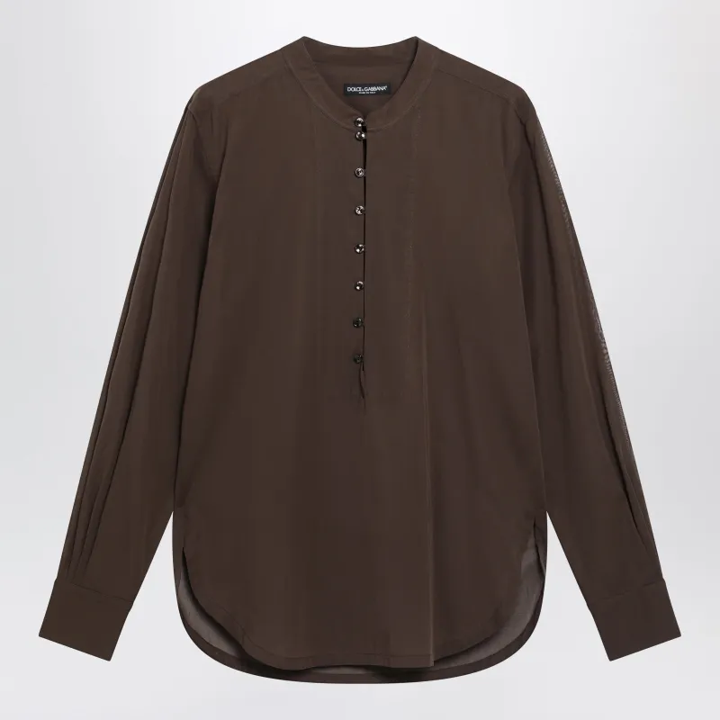 Brown Cotton Canvas Mandarin-Collar Shirt made by Dolce & Gabanna