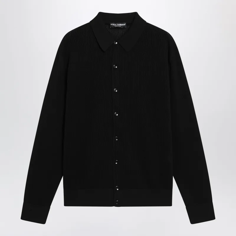 Long-Sleeve Openwork Rib Knit Cotton Shirt In Black made by Dolce & Gabanna