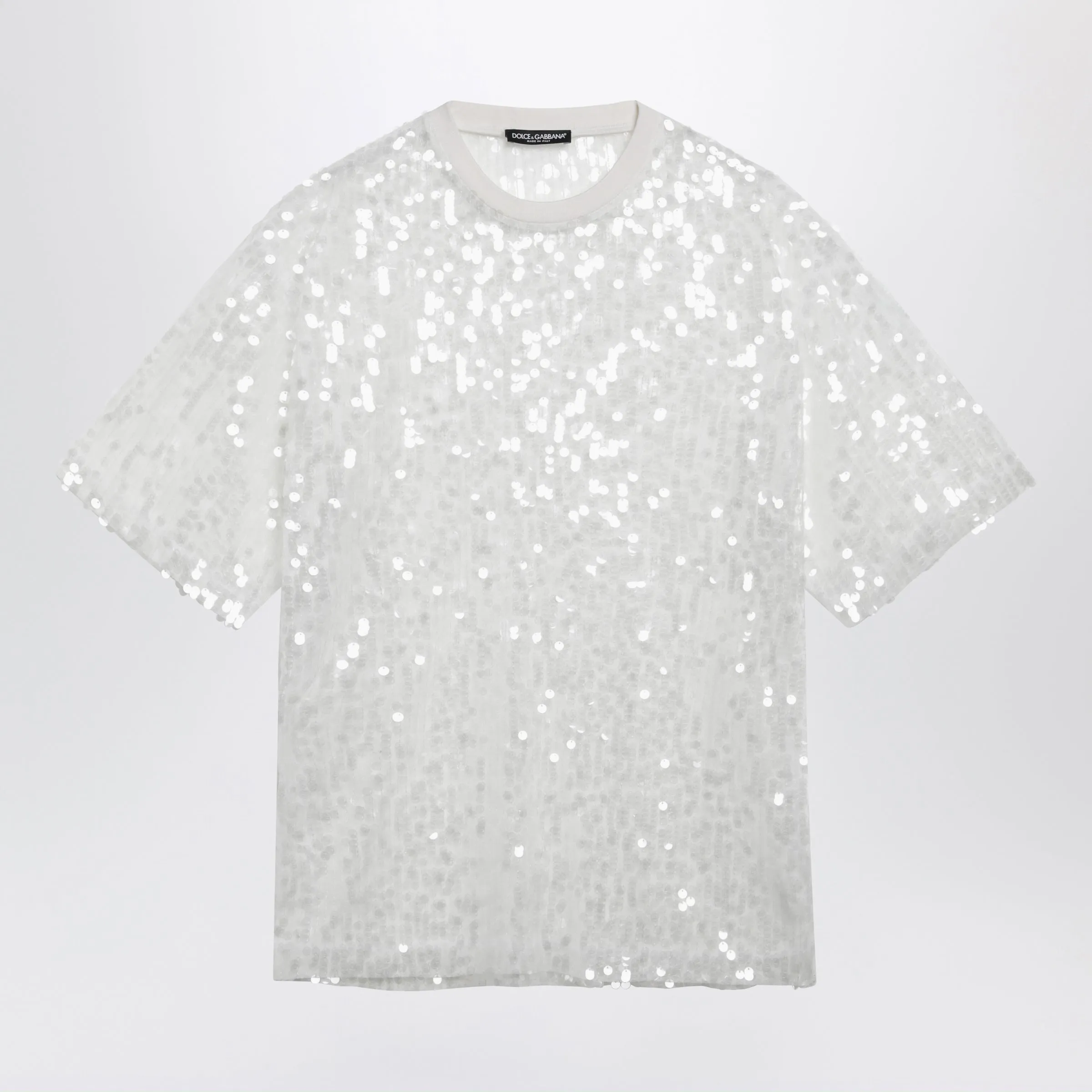 Crew-Neck Sequin T-Shirt In Polyamide, Optical White sold by Wanan Luxury