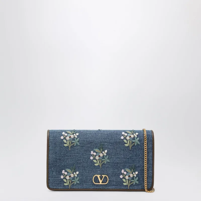 V Logo Signature Mini Crossbody Bag In Denim With Floral Embroidery made by Valentino