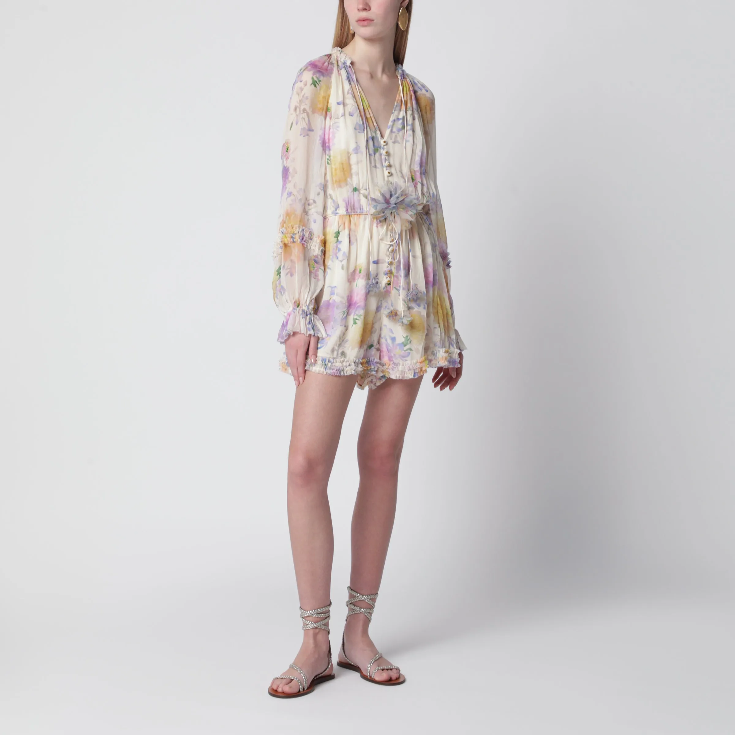 Cream Short Jumpsuit With Floral Pattern sold by Wanan Luxury
