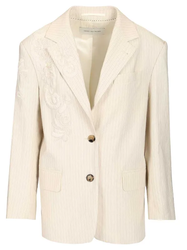 Birdy Emb Jacket Washed Stripe Cotton Jackets White made by Dries Van Noten