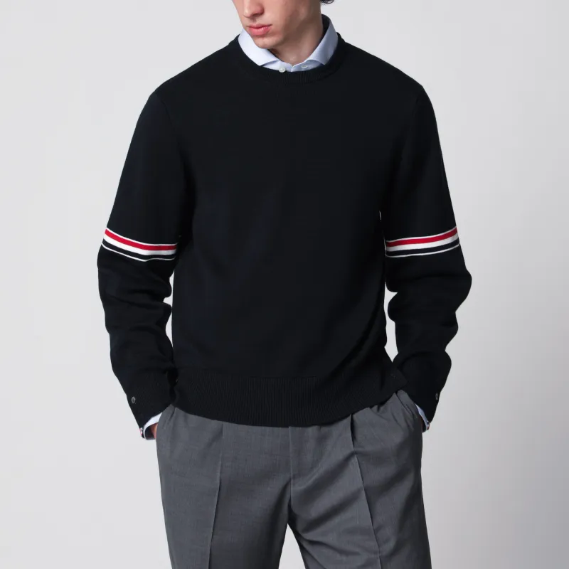 Navy Blue Cotton Sweater With Tricolor Details made by Thom Browne