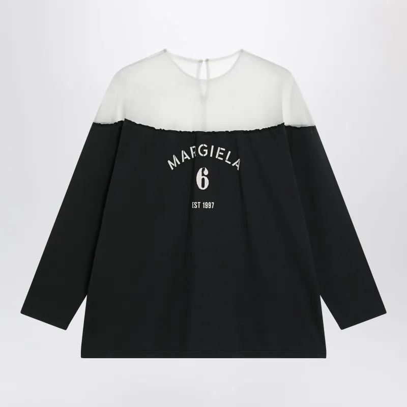 Black Top With Logo Print And Sheer Insert made by Maison Margiela