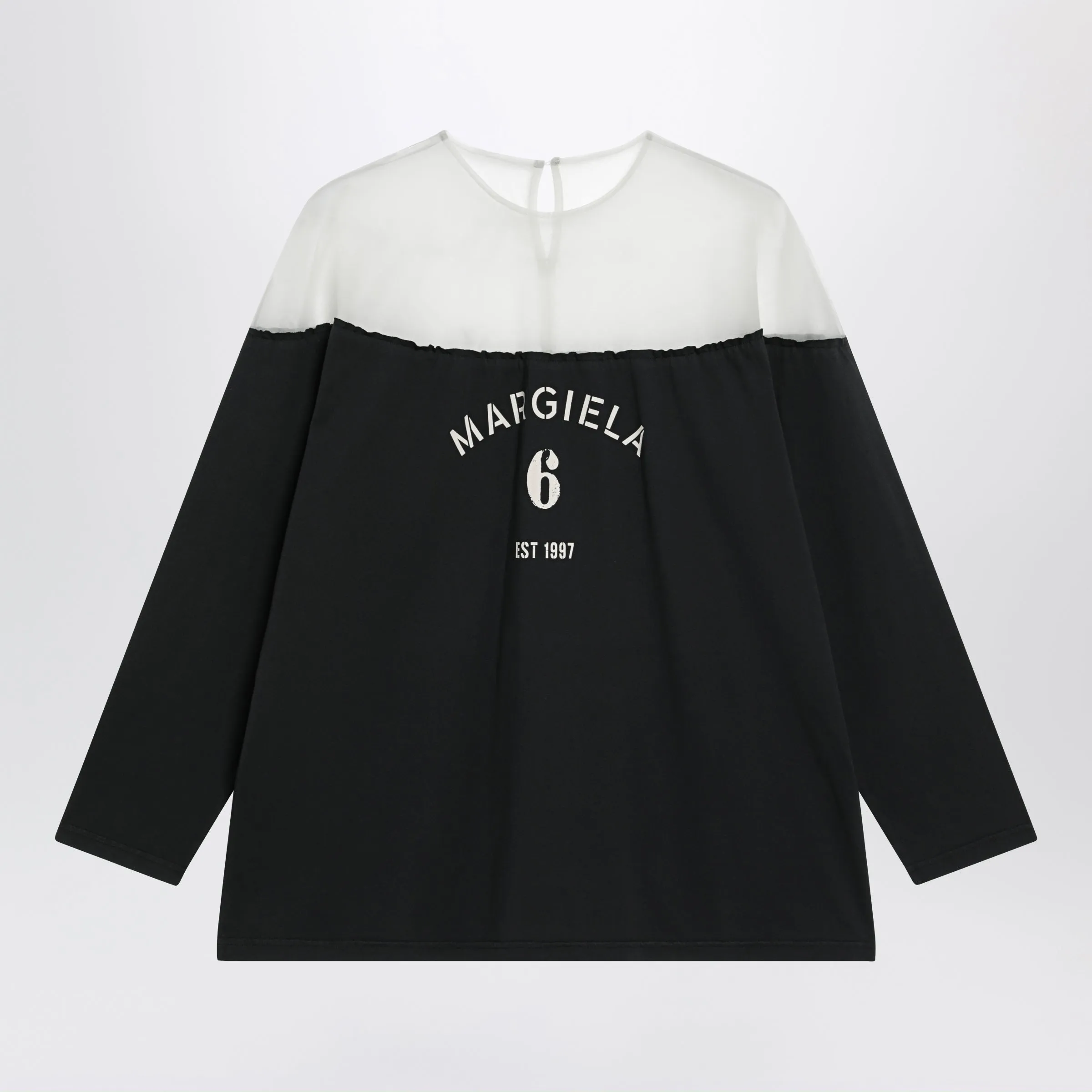 Black Top With Logo Print And Sheer Insert sold by Wanan Luxury