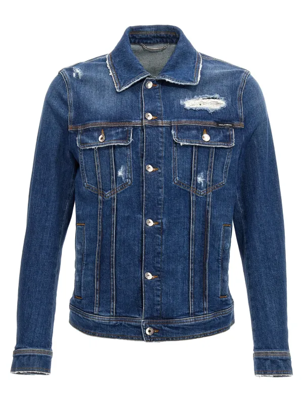 Denim Jacket With Used Effect Puffer Jackets Blue made by Dolce & Gabanna