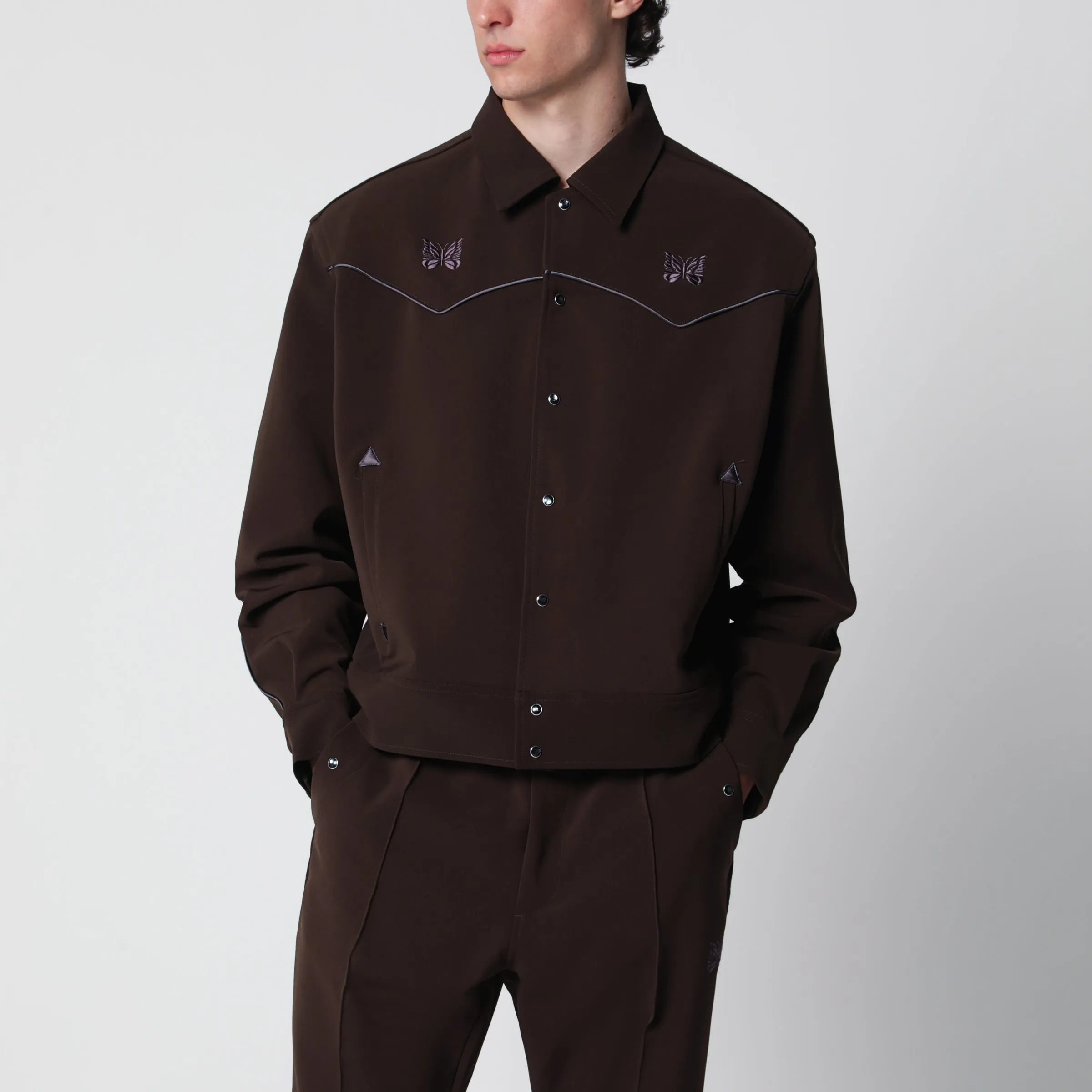 Piping Cowboy Jacket In Stretch Polyester Brown sold by Wanan Luxury