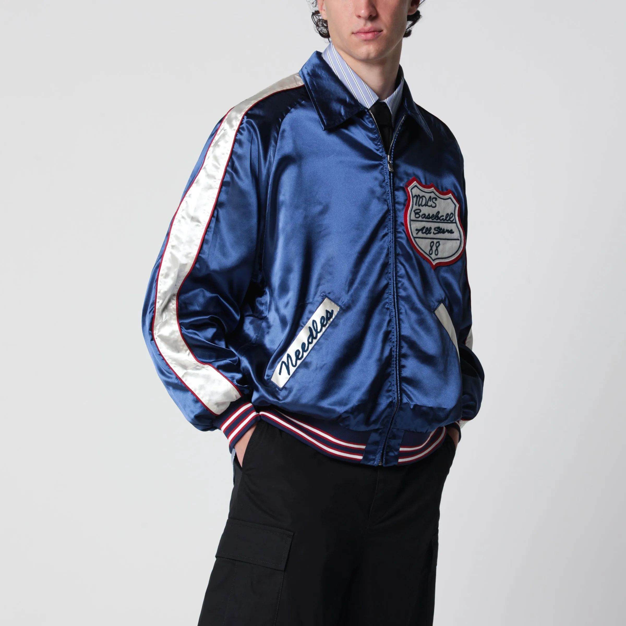 Stadium Jacket In Polyester Satin, Navy sold by Wanan Luxury