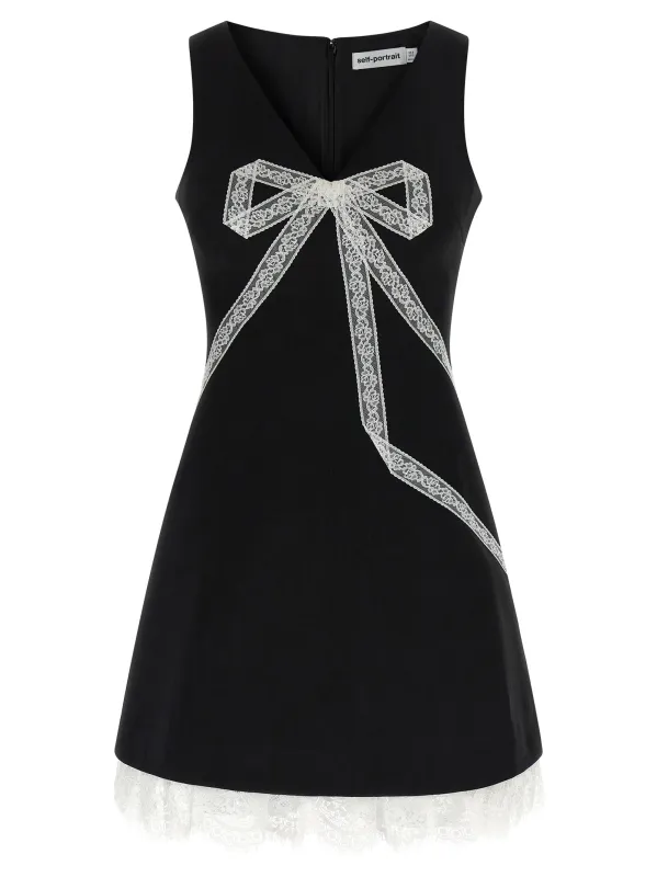 Black CrêPe Bow Lace Mini Dresses White/Black made by Self-Portrait