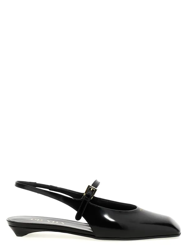 Logo Slingback Flat Shoes Black made by Prada