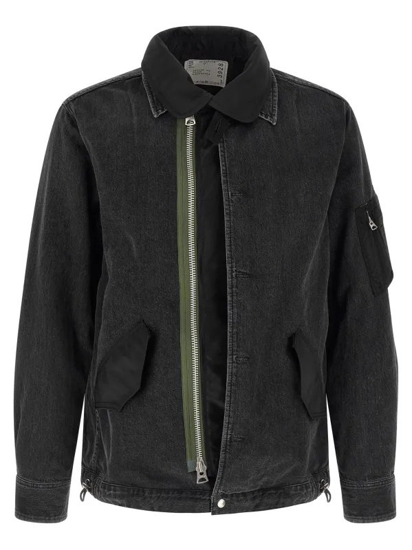 Nylon Insert Denim Jacket Puffer Jackets Black made by Sacai
