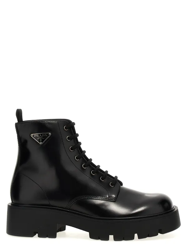 Logo Brushed Leather Ankle Boots Boots And Ankle Boots Black made by Prada