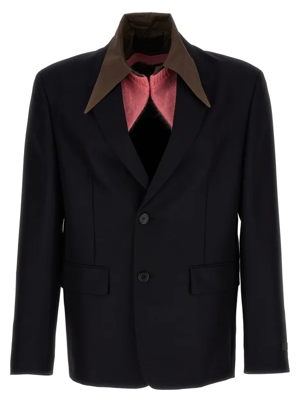 Removable Collar Single-Breasted Blazer Blue made by Prada