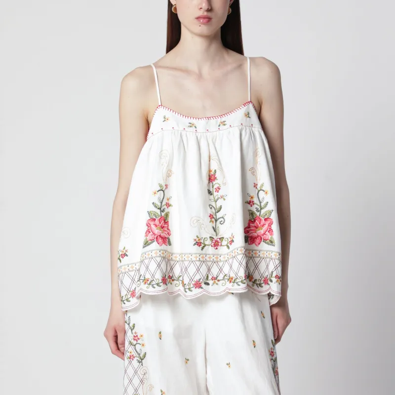 Linen-Blend Top With Floral Embroidery made by FARM Rio