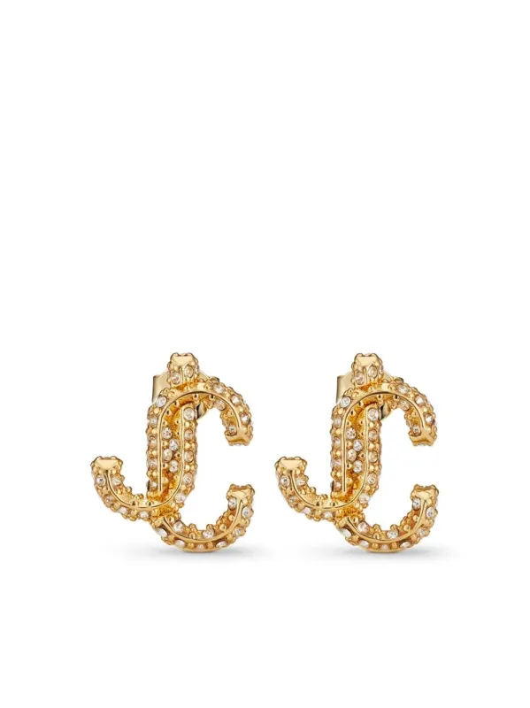 Gold-Finish Metal Jc Stud Earrings With Swarovski Crystals made by Jimmy Choo