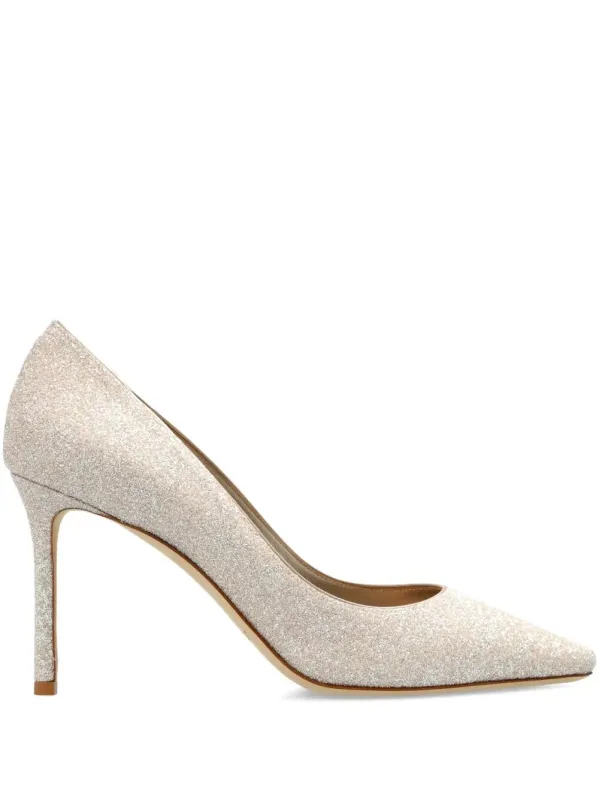 Romy 85 Champagne Coarse Glitter Fabric Pumps made by Jimmy Choo