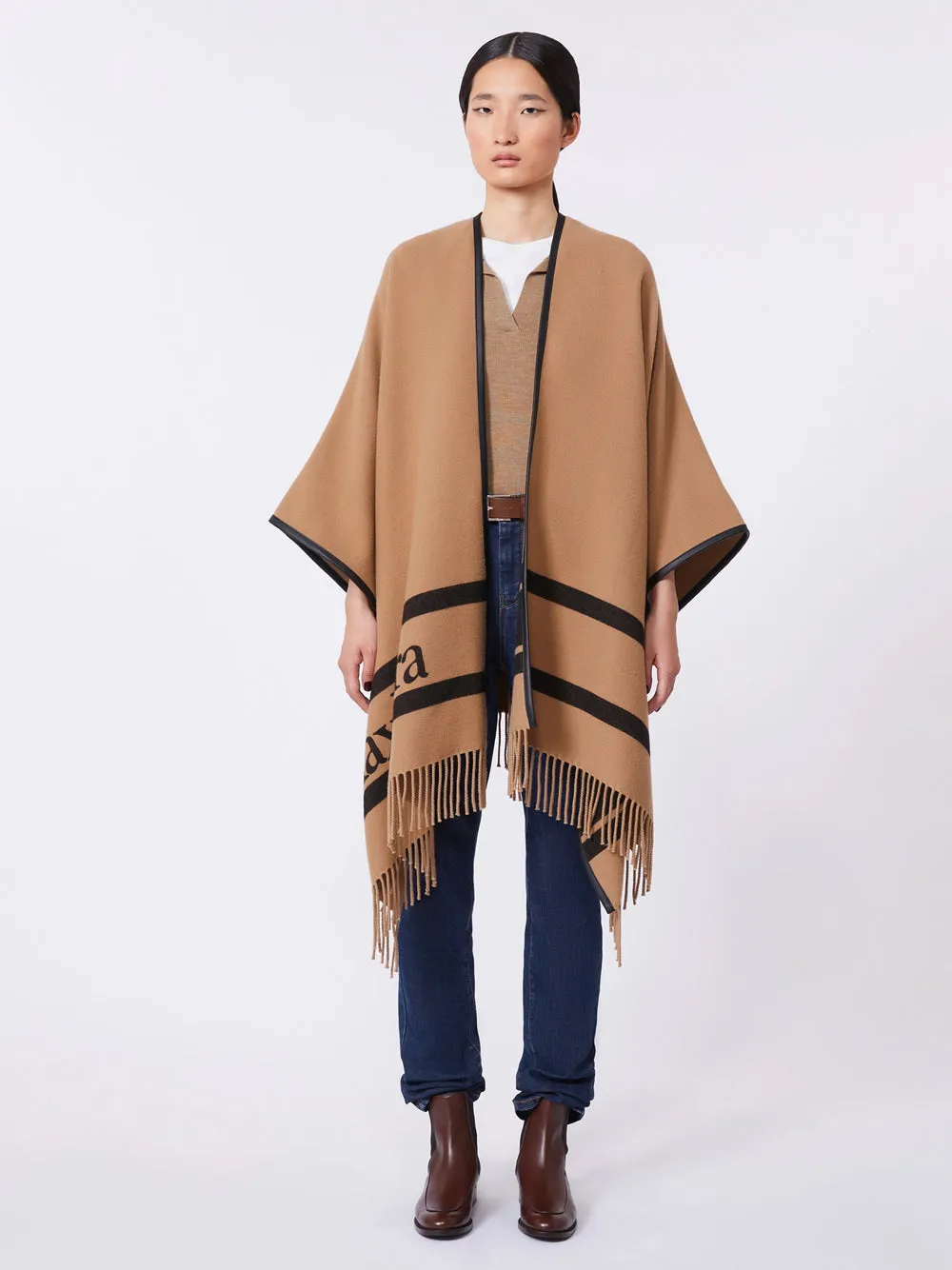 Jacquard Wool Poncho In Camel sold by Wanan Luxury product image thumbnail 2