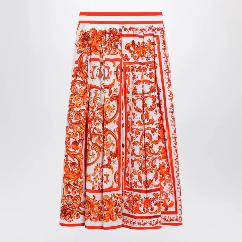 High-Waisted Maiolica-Print Poplin Pleated Skirt In Orange made by Dolce & Gabanna