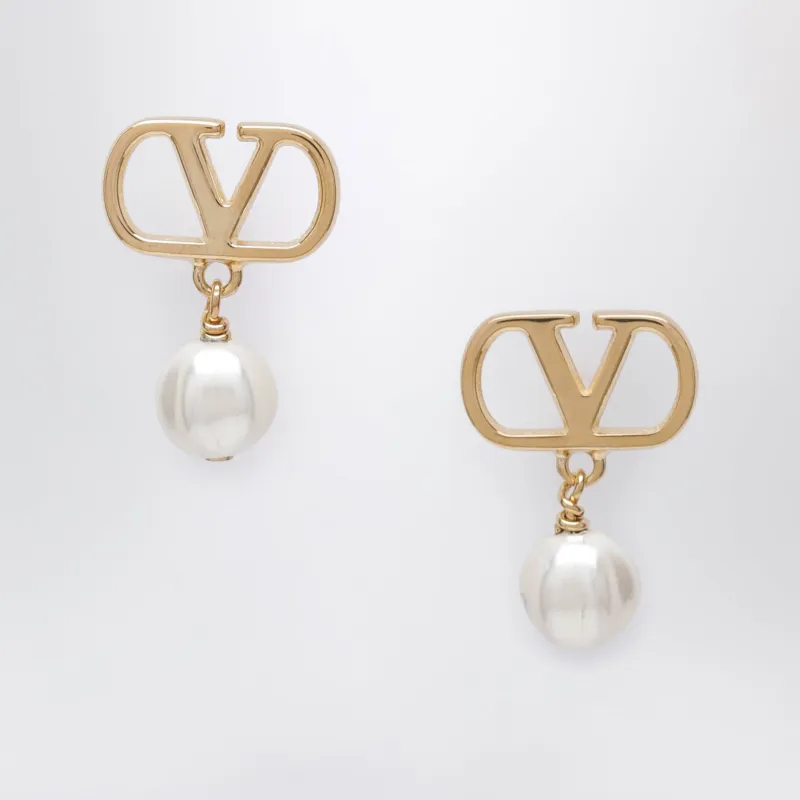 V Logo Pearl Drop Earrings In Gold-Tone Brass made by Valentino Garavani