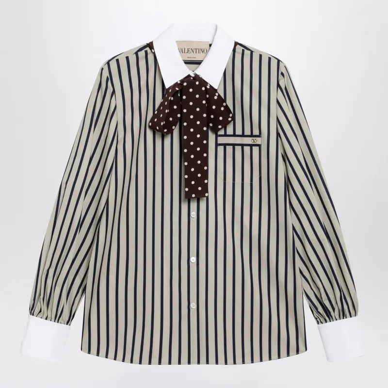 Striped Cotton Shirt With Scarf In Beige And Blue made by Valentino Garavani