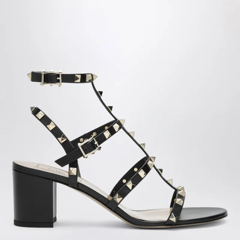 Rockstud Calfskin Leather Sandals With Studs In Black made by Valentino Garavani