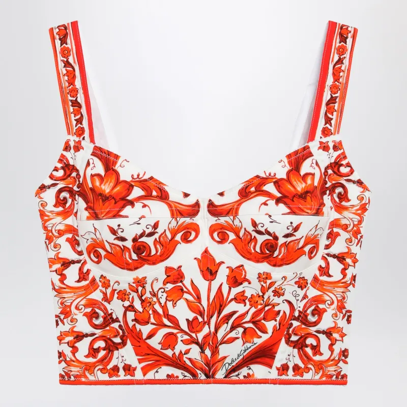 Maiolica-Print Charmeuse Bustier Top In Orange made by Dolce & Gabanna