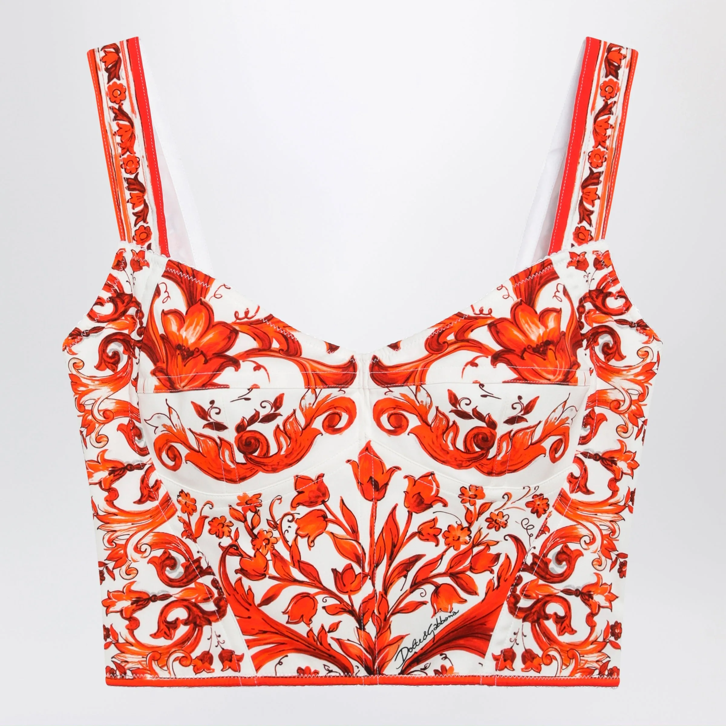 Maiolica-Print Charmeuse Bustier Top In Orange sold by Wanan Luxury