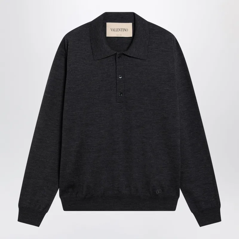 Wool Polo Shirt With V Logo Embroidery In Anthracite made by Valentino Garavani
