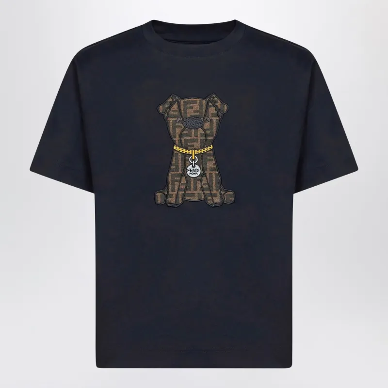 Dark Blue Cotton T-Shirt With Patch made by Fendi
